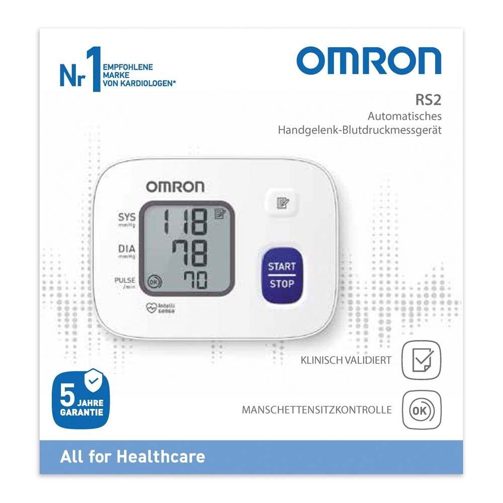 OMRON RS2 Handgelenk-Blutdruckmessgerät auf Verpackung. Weißes Gerät mit Display. Klinisch validiert. 5 Jahre Garantie.