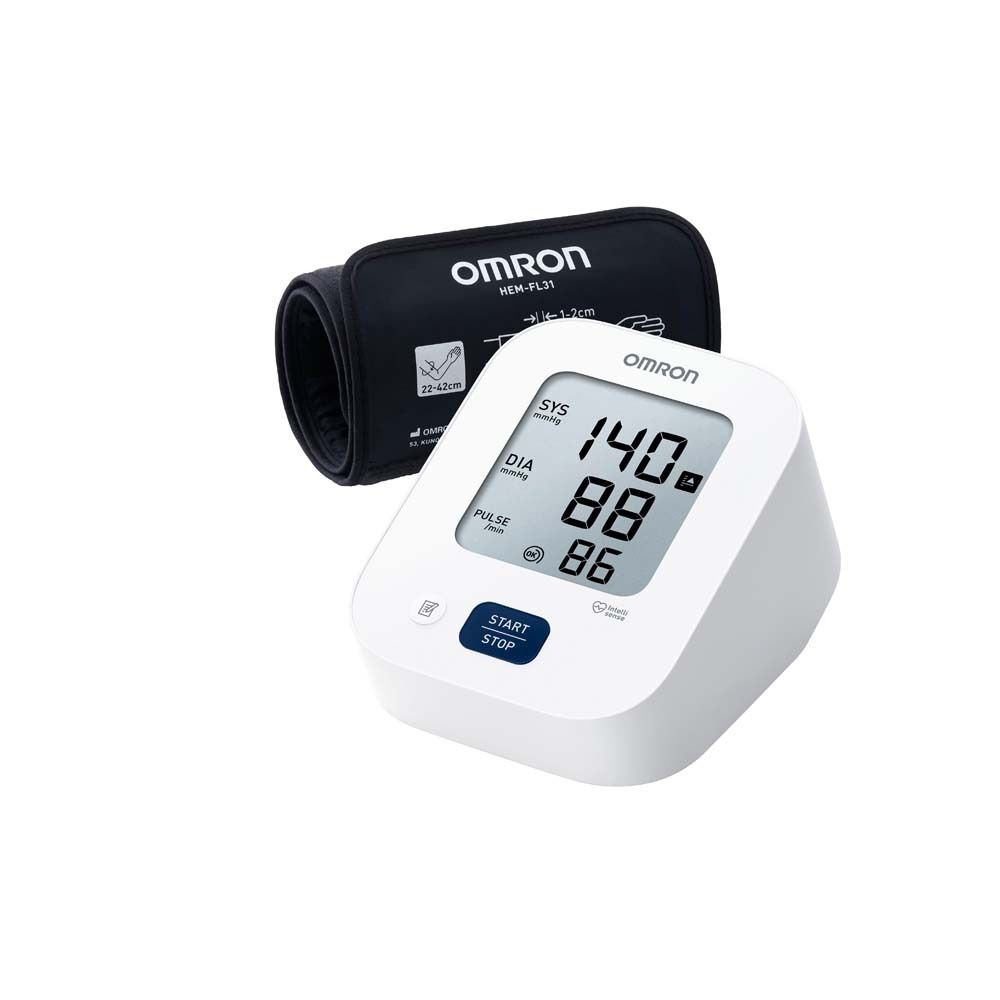 OMRON M2 Comfort Blutdruckmessgerät mit Manschette. Digitalanzeige mit Messwerten. Weißes Gehäuse, schwarze Manschette.