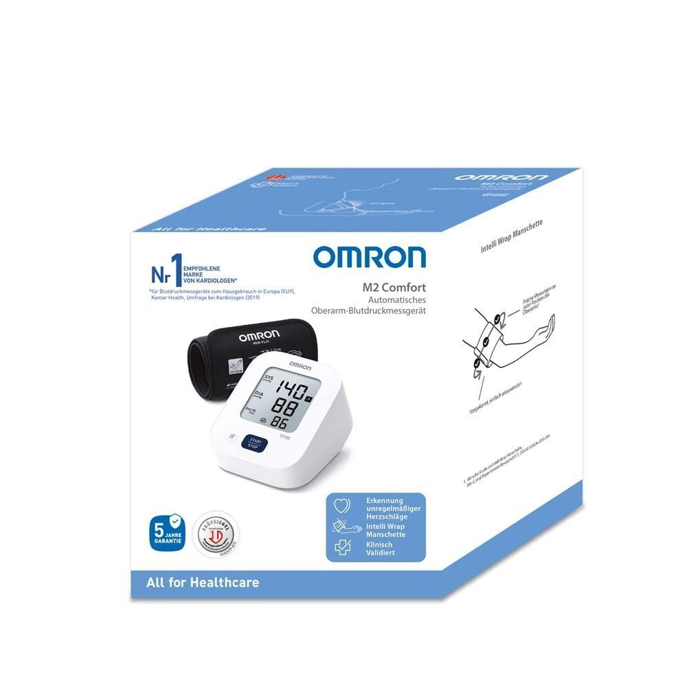 Verpackung des OMRON M2 Comfort Blutdruckmessgeräts. Gerät und Manschette abgebildet. Text: OMRON, M2 Comfort, All for Healthcare.