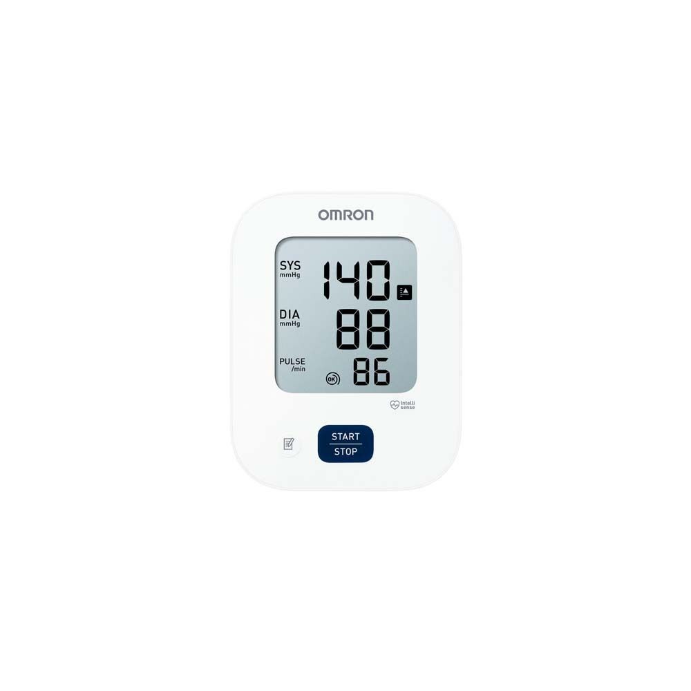 OMRON Blutdruckmessgerät. Digitalanzeige mit Messwerten. Weißes Gehäuse. Text: OMRON, Start/Stop.