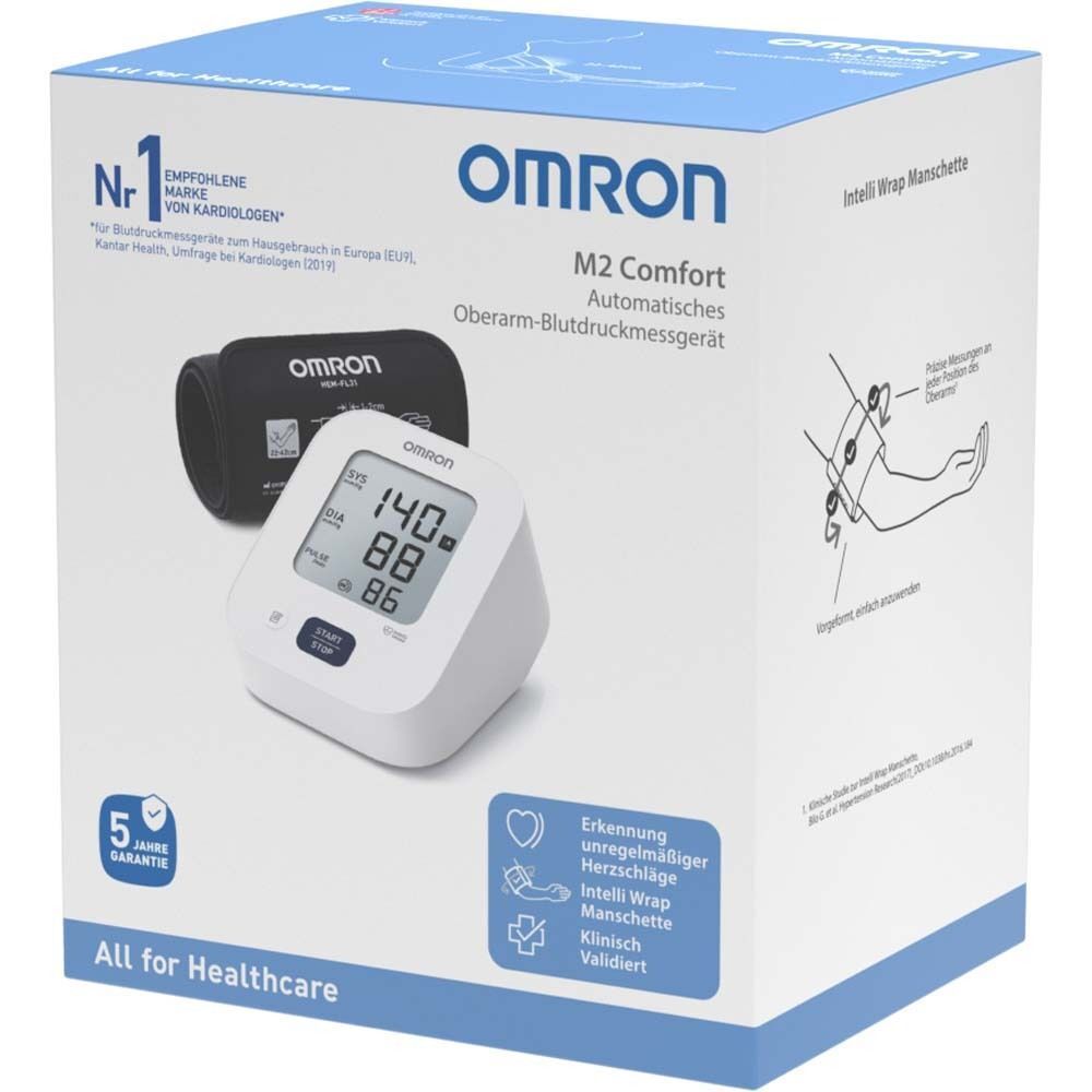 Verpackung des OMRON M2 Comfort Blutdruckmessgeräts. Gerät und Manschette abgebildet. Text: OMRON, M2 Comfort, All for Healthcare.