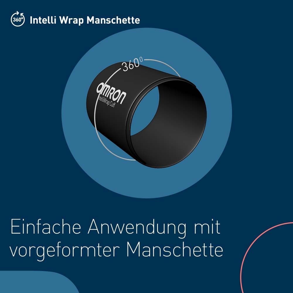 Schwarze Manschette mit 360° Ansicht. Text: Intelli Wrap Manschette, OMRON. Blaue Hintergrund.