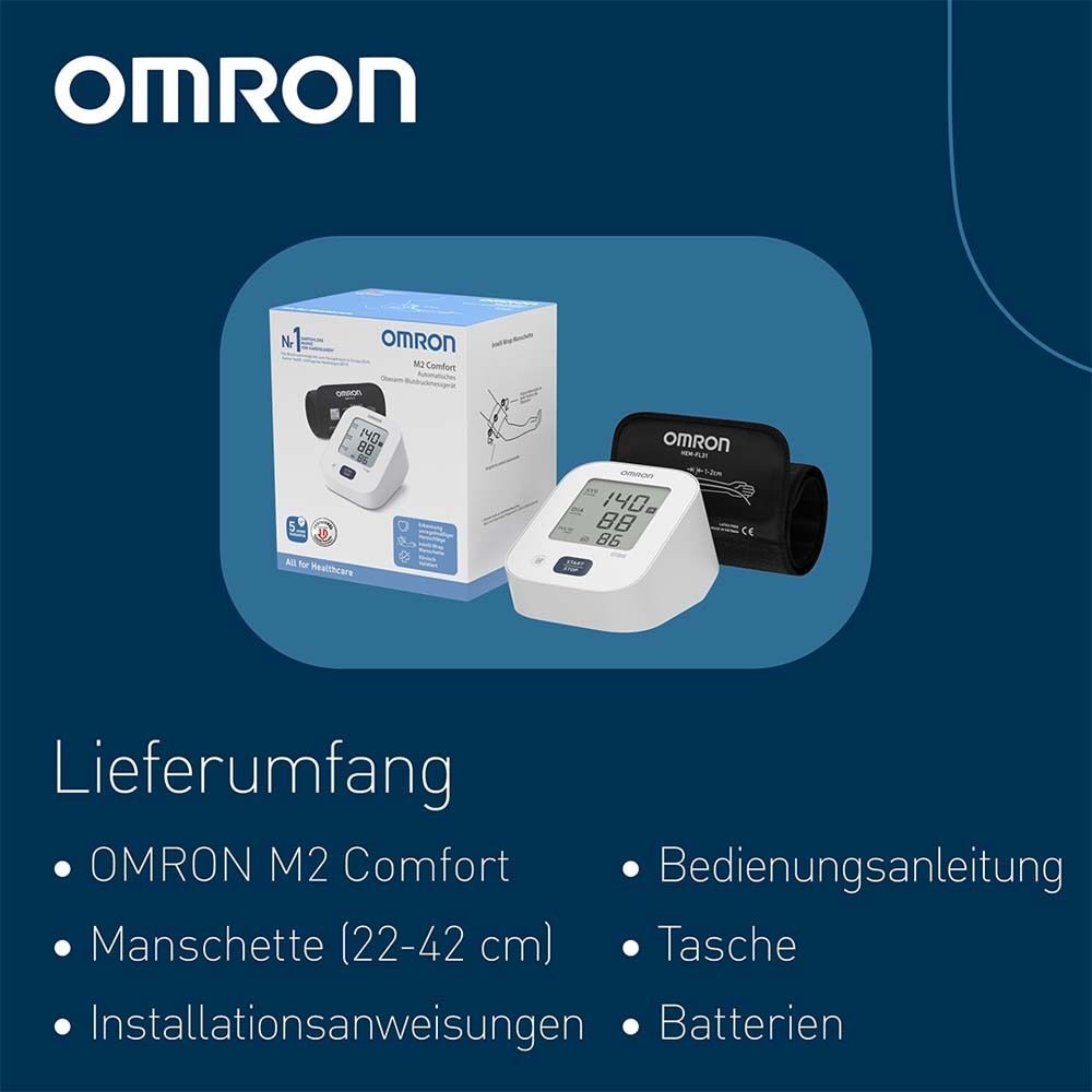 Produktabbildung mit Zubehör. OMRON M2 Comfort, Manschette, Bedienungsanleitung, Tasche, Batterien. Text: Lieferumfang.
