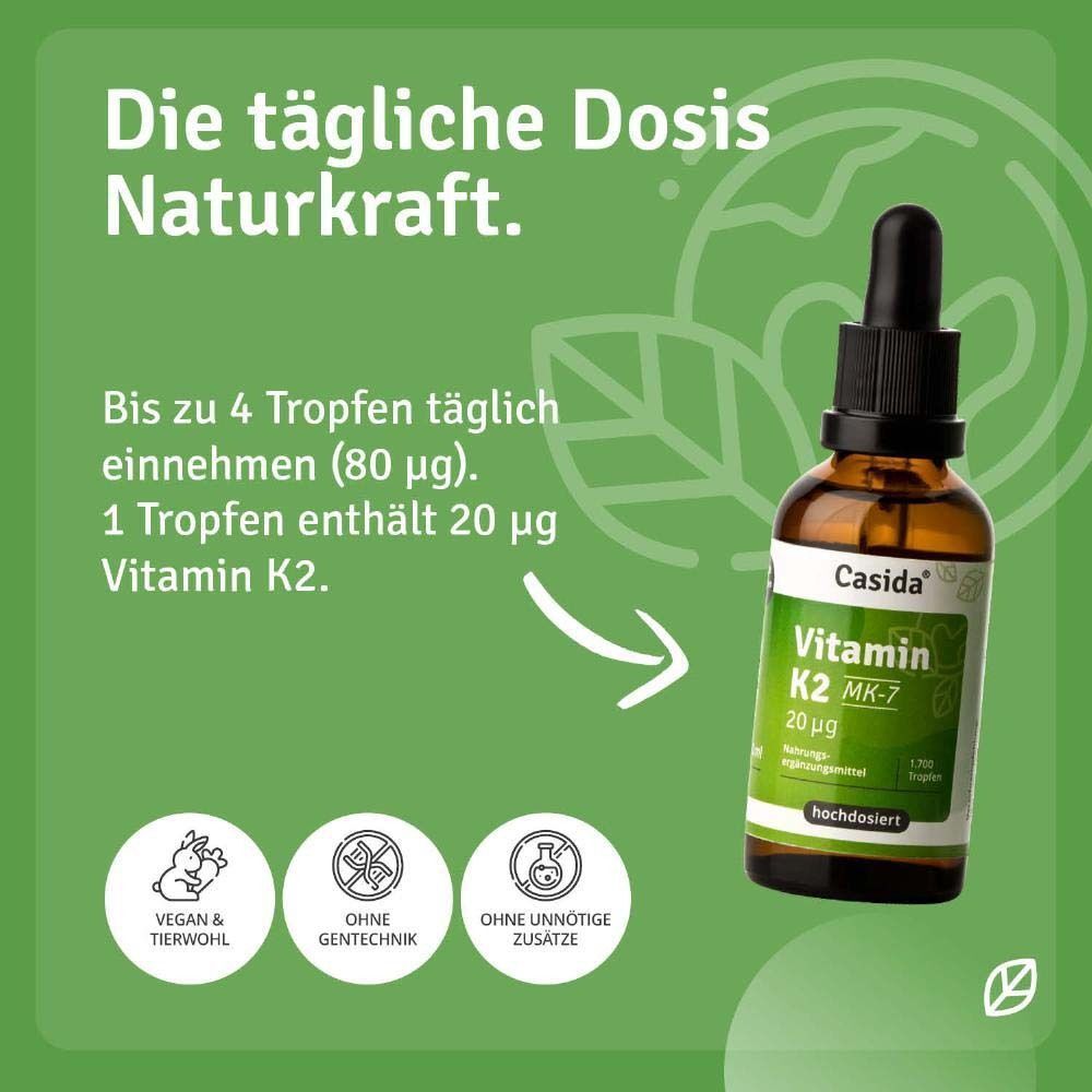 Flasche Casida® Vitamin K2 MK-7 mit Tropfer. Text: Tägliche Dosis Naturkraft. Vegan, ohne Gentechnik, ohne unnötige Zusätze.
