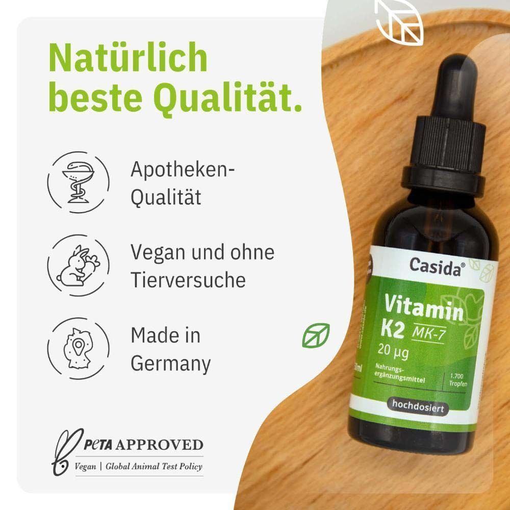 Flasche Casida® Vitamin K2 MK-7. Text: Natürlich beste Qualität. Apotheken-Qualität, vegan, ohne Tierversuche, Made in Germany.