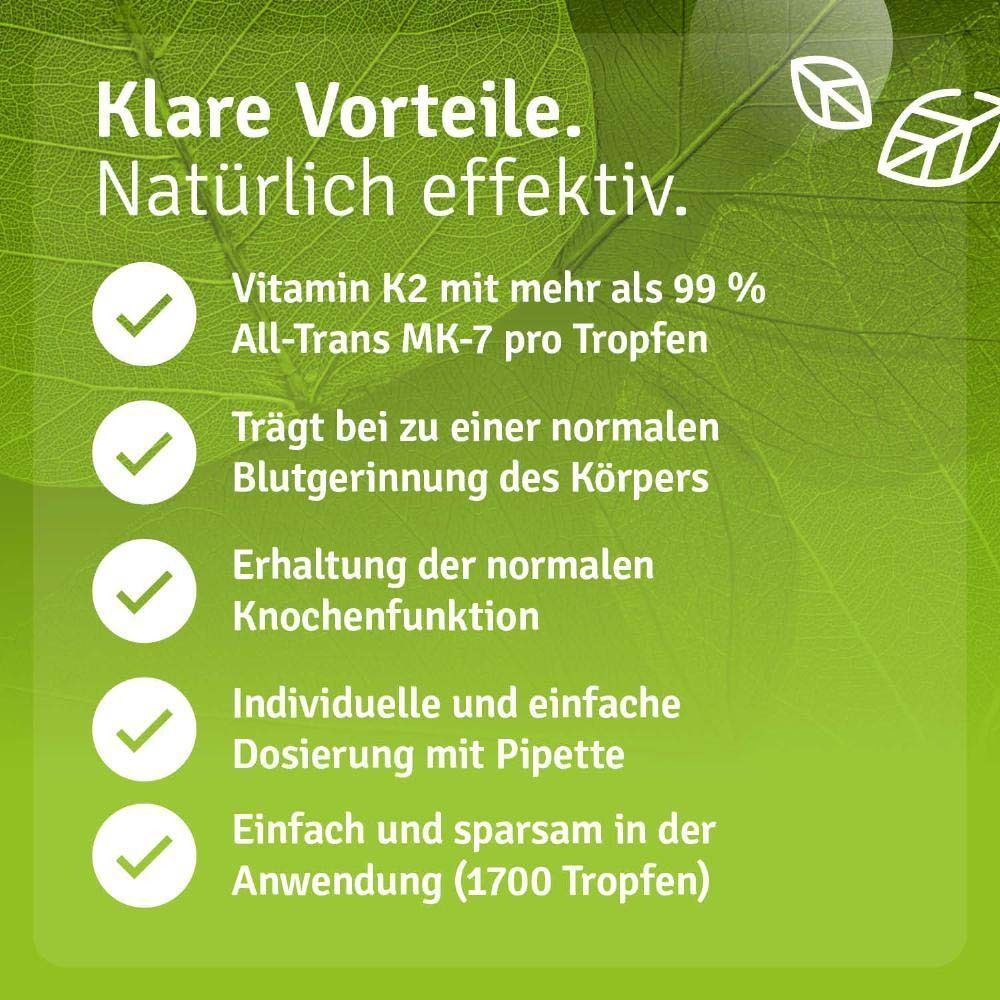Text: Klare Vorteile. Vitamin K2 mit mehr als 99% All-Trans MK-7. Trägt zur normalen Blutgerinnung und Knochenfunktion bei. Individuelle Dosierung.