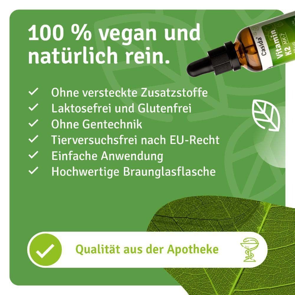 Flasche Casida® Vitamin K2 MK-7. Text: 100% vegan und natürlich rein. Ohne versteckte Zusätze, laktosefrei, ohne Gentechnik, tierversuchsfrei.