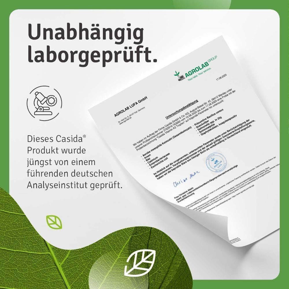 Zertifikat von Agrolab LUFA. Text: Dieses Casida® Produkt wurde von einem führenden deutschen Analyseinstitut geprüft.