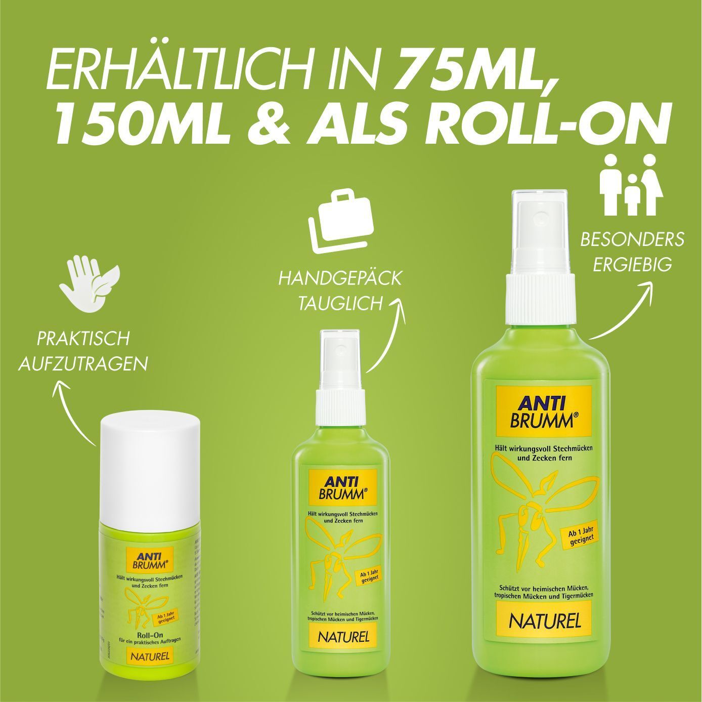 Drei Produkte: Roll-On, Spray 75ml und Spray. Aufschrift: Anti Brumm®. Text: Erhältlich als Roll-On.