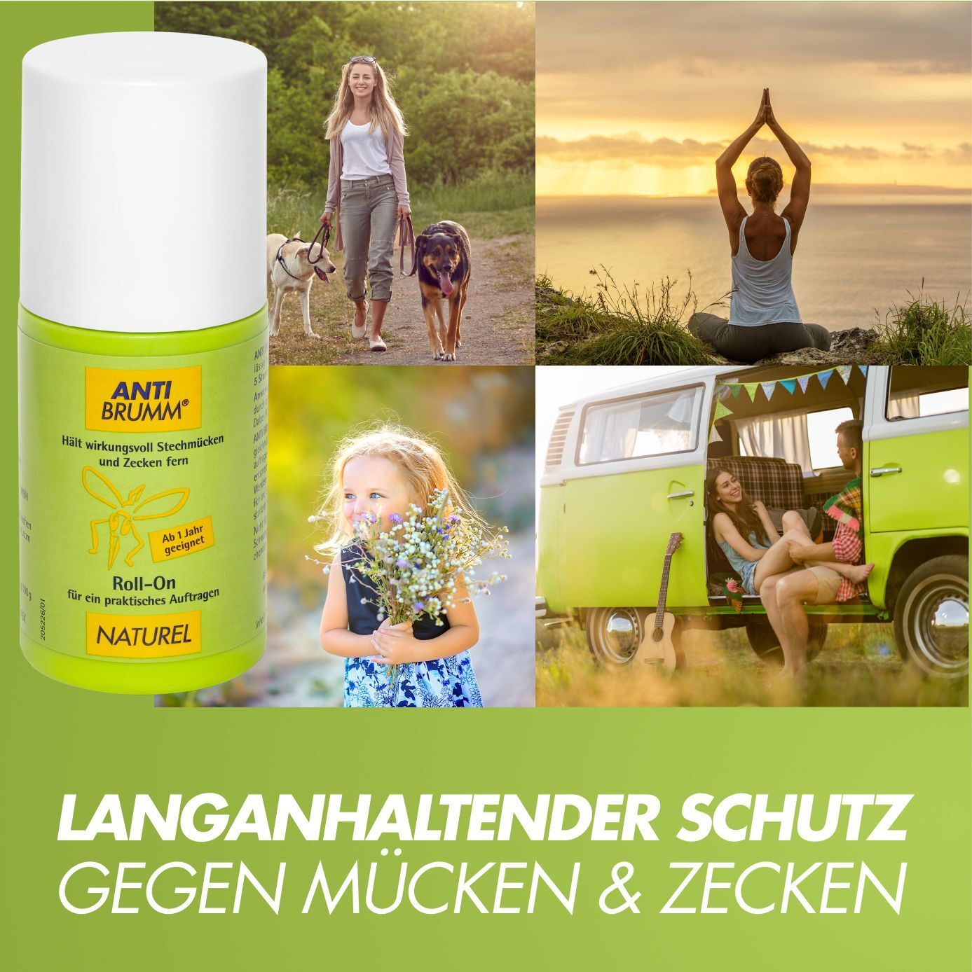 Roll-On-Flasche mit Bildern von Menschen in der Natur. Aufschrift: Anti Brumm® Naturel. Text: Langanhaltender Schutz.