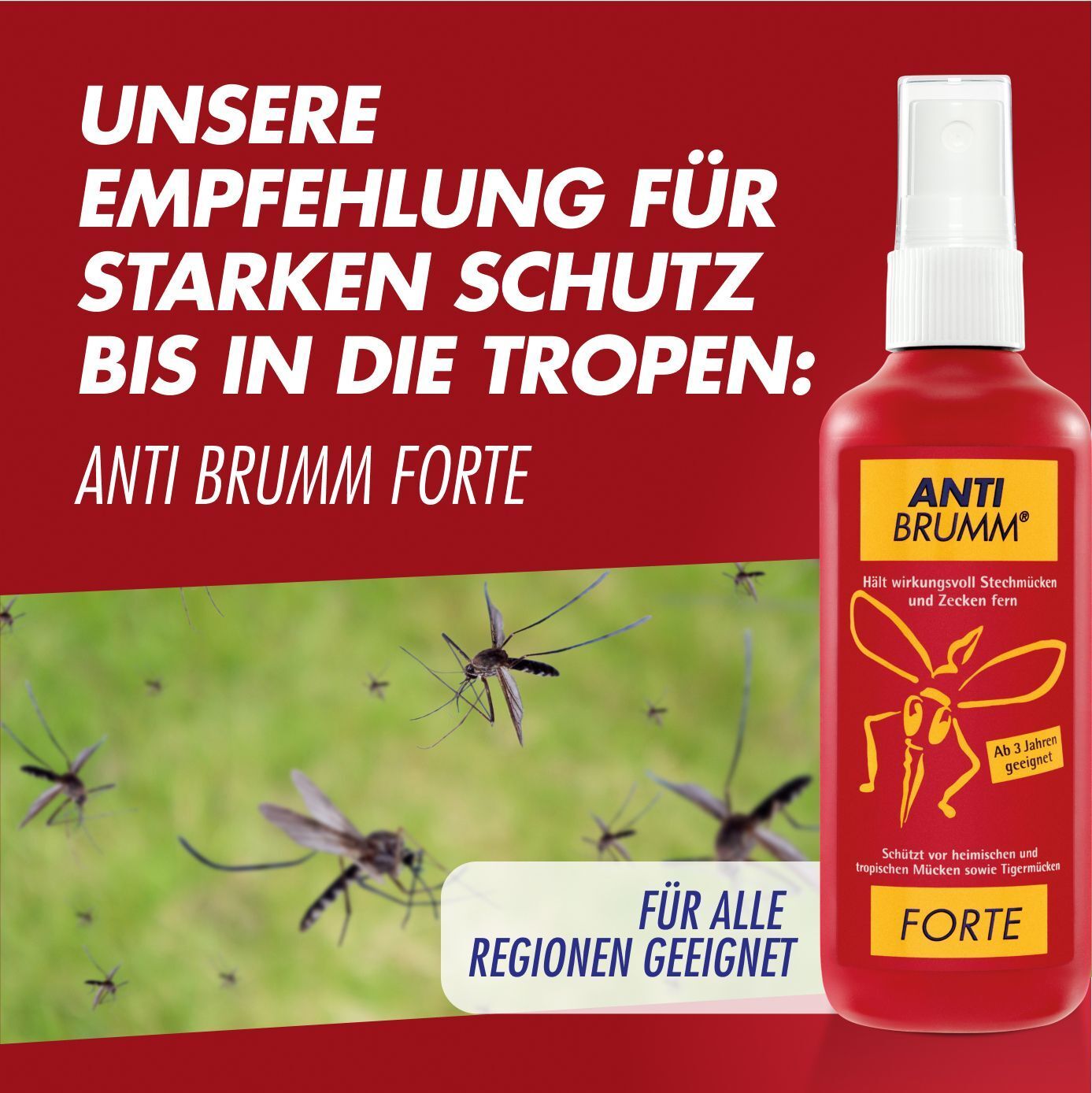 Rote Sprayflasche. Aufschrift: Anti Brumm Forte. Text: Unsere Empfehlung für starken Schutz. Geeignet für alle Regionen.