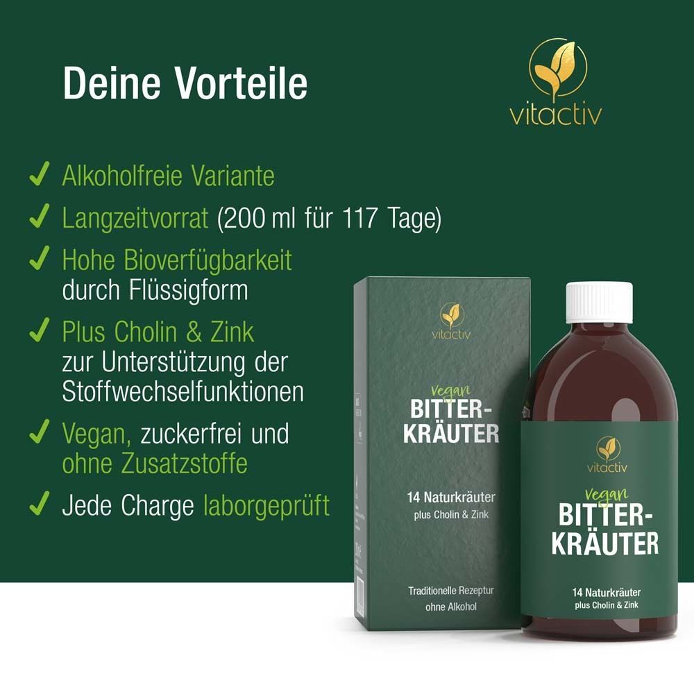 Vorteile von Vitactiv Bitterkräuter: Alkoholfrei, lange Haltbarkeit, hohe Bioverfügbarkeit, Cholin & Zink, vegan, zuckerfrei, laborgeprüft.