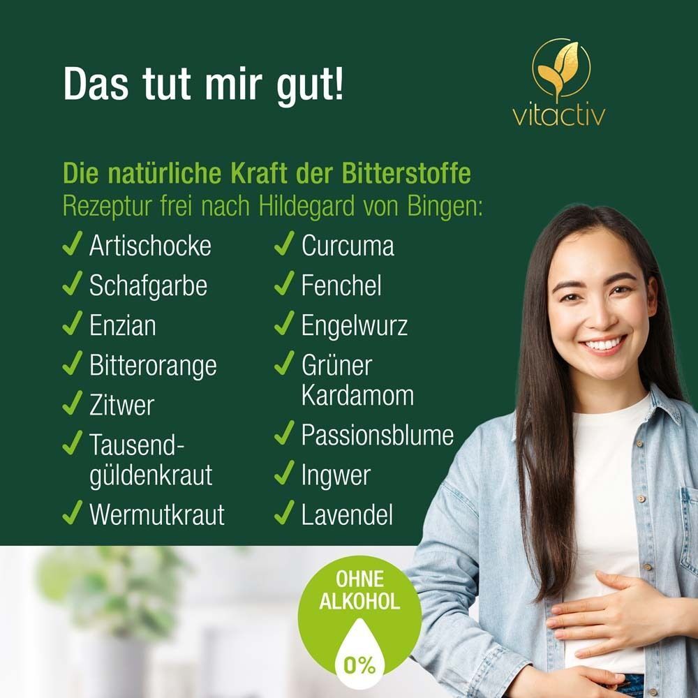 Frau lächelt, hält Bauch. Zutatenliste für Vitactiv Bitterkräuter, alkoholfrei.