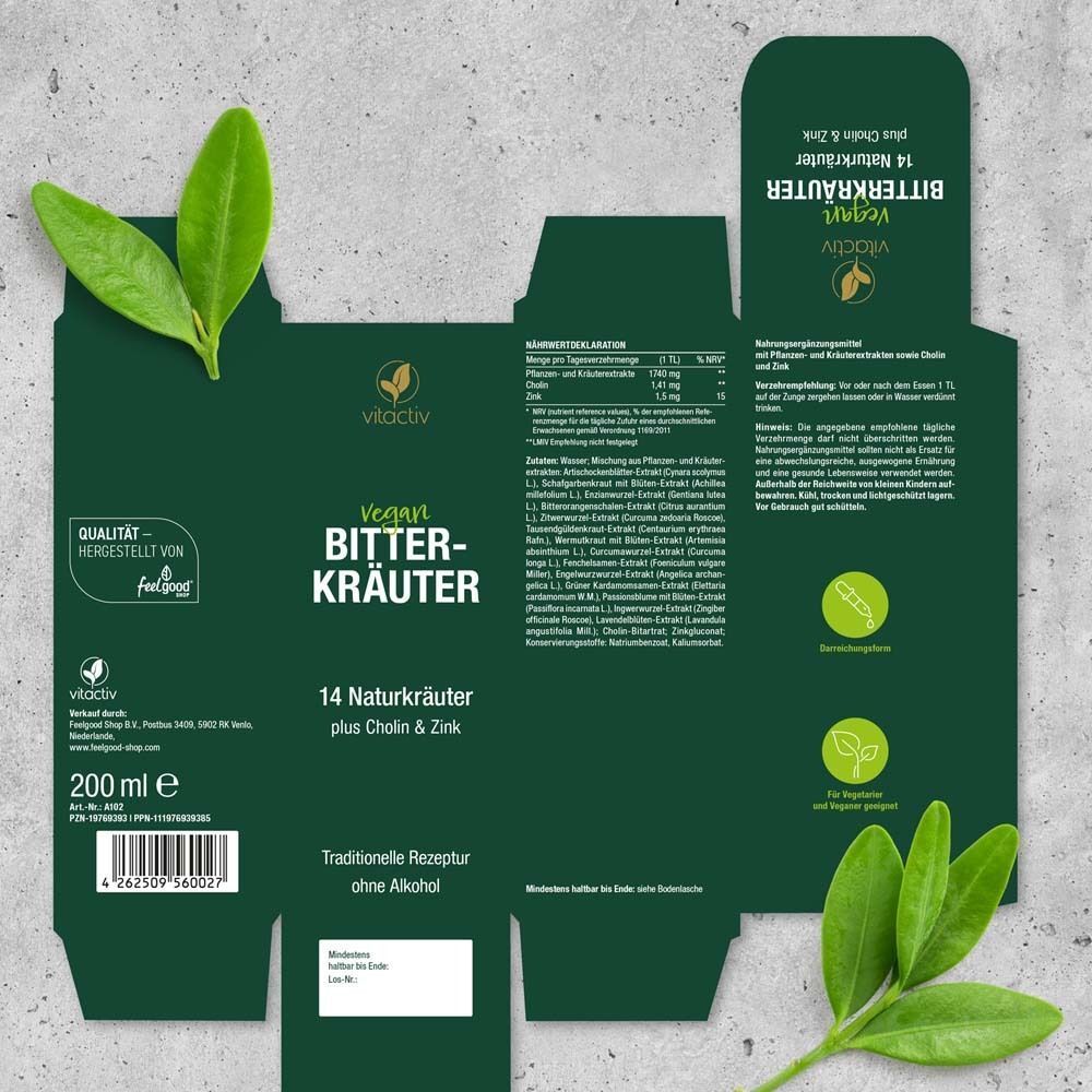 Aufgeklappte Schachtel von Vitactiv Bitterkräuter mit Nährwertangaben und Siegeln.