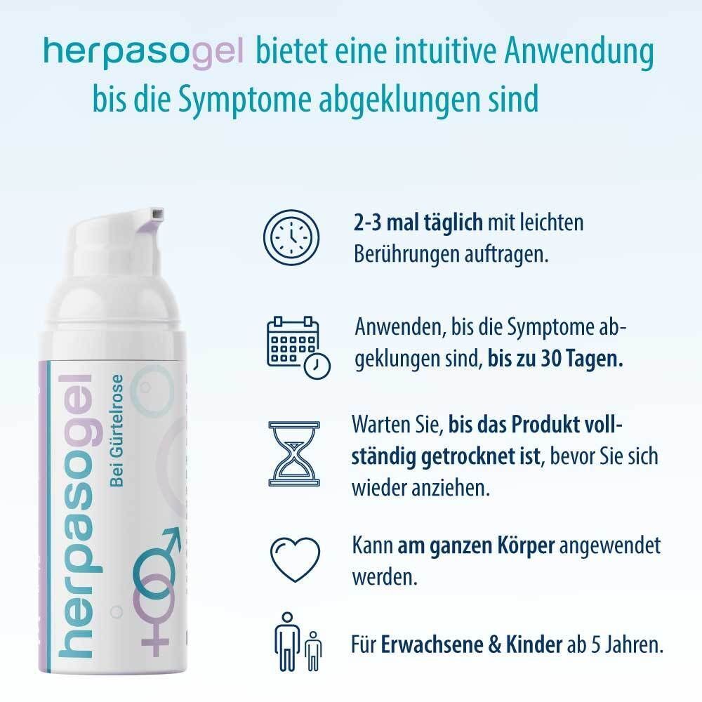 Herpasogel Flasche mit Anwendungshinweisen und Altersangabe.