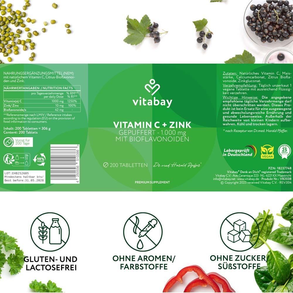 Produktetikett mit Informationen zu Vitamin C + Zink. Enthält Nährwertangaben, Inhaltsstoffe und Zertifizierungen.