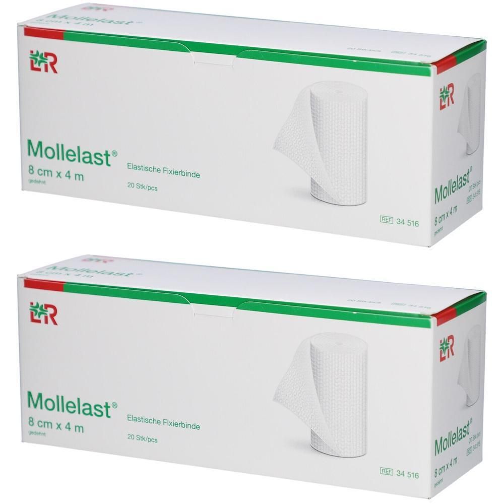 Zwei weiße Kartons mit "Mollelast"-Fixierbinden. Aufschrift: 8 cm x 4 m. Einzeln verpackt. Grün-weiße Verpackung.