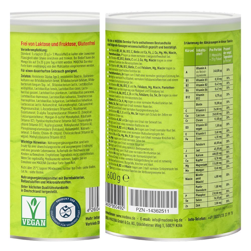 Dose MADENA Darmkur Forte. Text: Frei von Laktose und Fruktose, Glutenfrei. Nährwertangaben, Inhaltsstoffe, Herstellerinformationen, Vegan-Siegel.