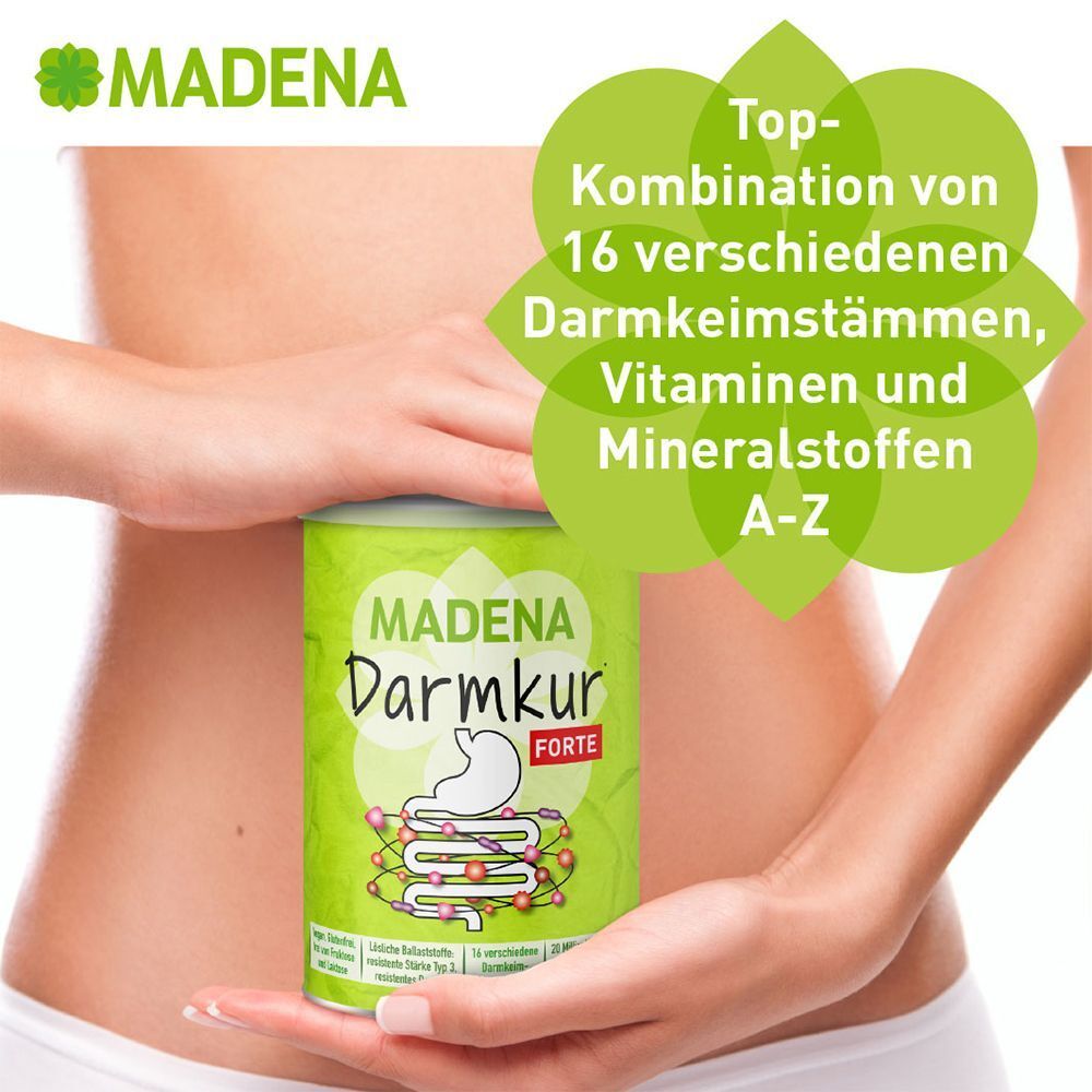 Frau hält Dose MADENA Darmkur Forte. Text: Top-Kombination von 16 verschiedenen Darmkeimstämmen, Vitaminen und Mineralstoffen A-Z.
