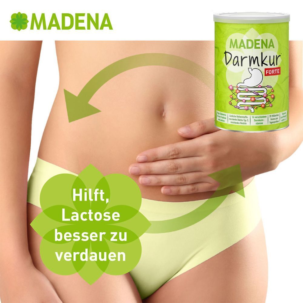 Frau mit Dose MADENA Darmkur Forte. Text: Hilft, Lactose besser zu verdauen. Grüne Pfeile um den Bauch.