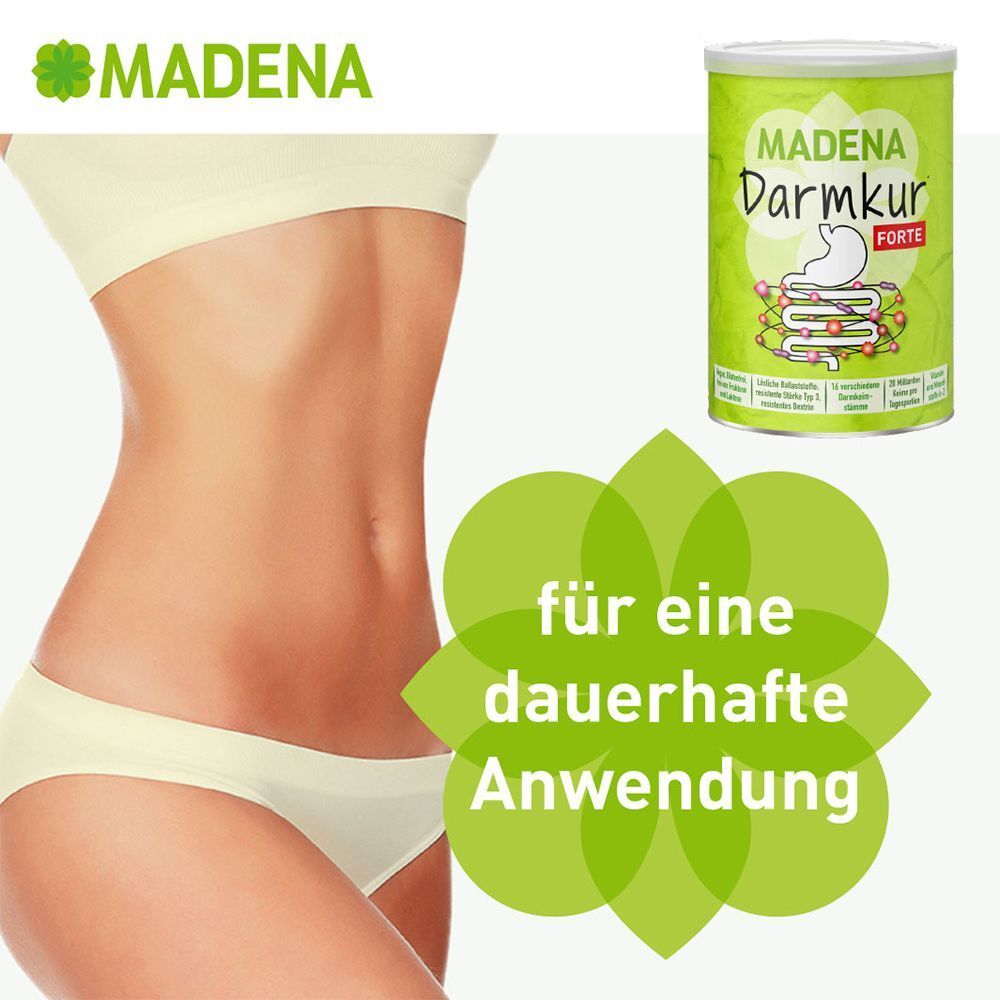 Frau mit Dose MADENA Darmkur Forte. Text: für eine dauerhafte Anwendung. Grünes Blumen-Design.