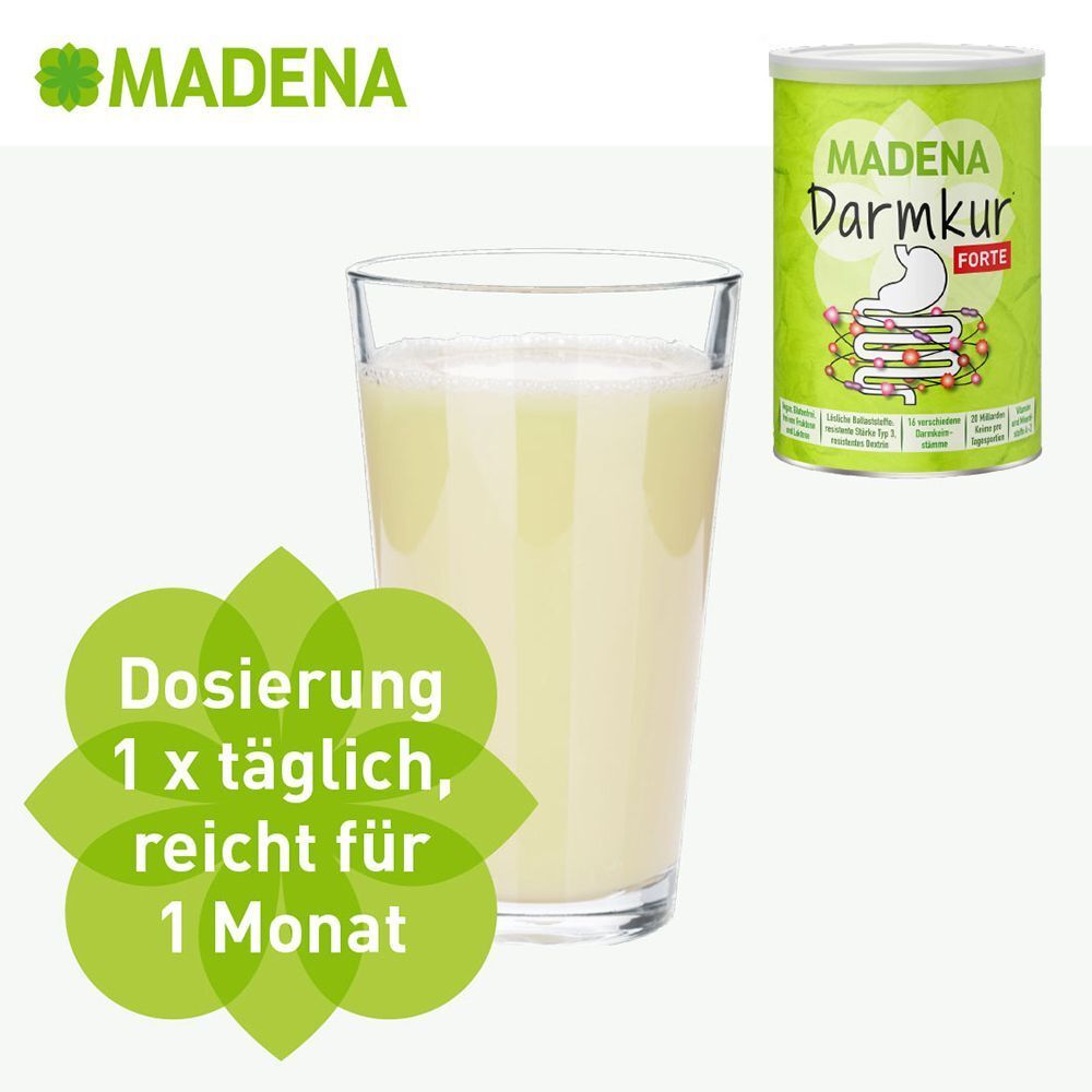 Glas mit Flüssigkeit und Dose MADENA Darmkur Forte. Text: Dosierung 1 x täglich, reicht für 1 Monat. Grünes Blumen-Design.