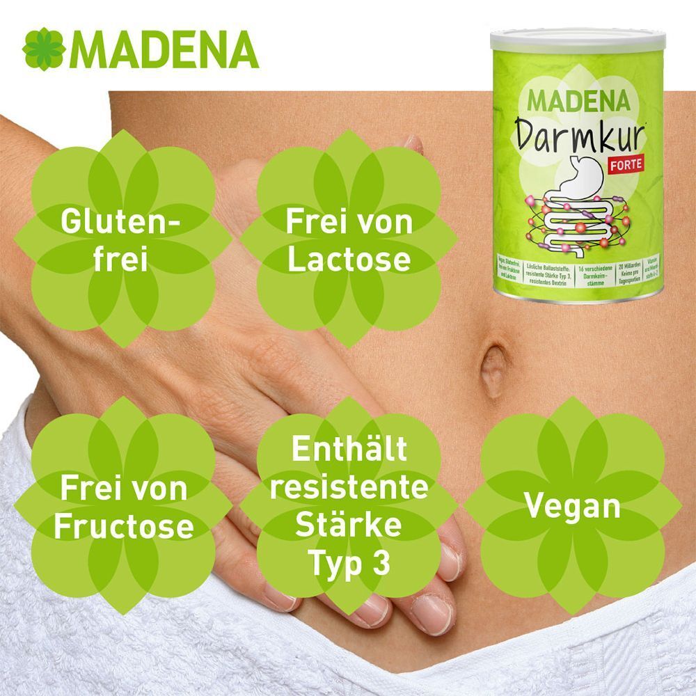 Frau mit Dose MADENA Darmkur Forte. Text: Glutenfrei, Frei von Laktose, Fructose, Enthält resistente Stärke Typ 3, Vegan.