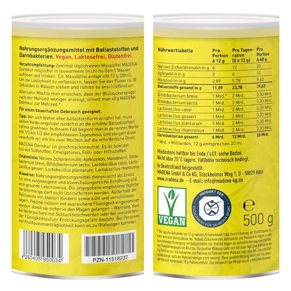 Rückseite einer gelben Dose MADENA Darmkur. Text: Nährwerttabelle, Inhaltsstoffe, Herstellerinformationen, Vegan-Logo.