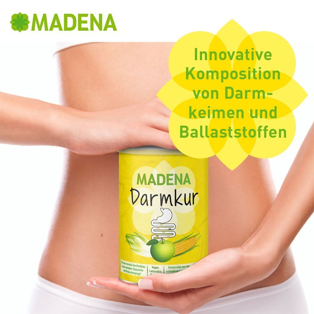 Frau hält gelbe Dose MADENA Darmkur vor Bauch. Gelber Text: Innovative Komposition von Darmkeimen und Ballaststoffen.