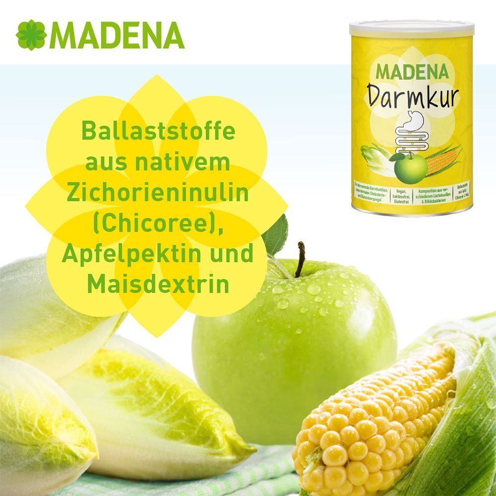 Gelbe Dose MADENA Darmkur neben Chicorée, Apfel und Mais. Gelber Text: Ballaststoffe aus nativem Zichorieninulin.