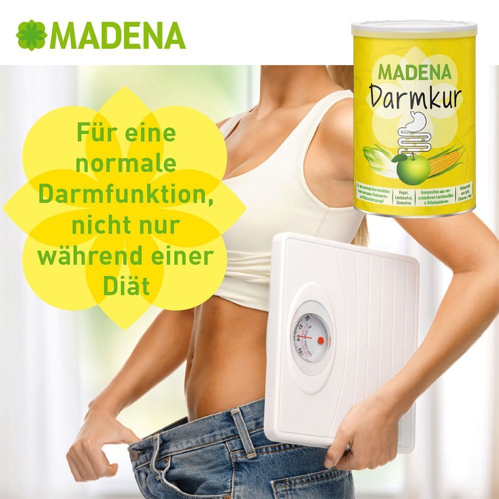 Frau mit Dose MADENA Darmkur und Waage. Gelber Text: Für eine normale Darmfunktion, nicht nur während einer Diät.