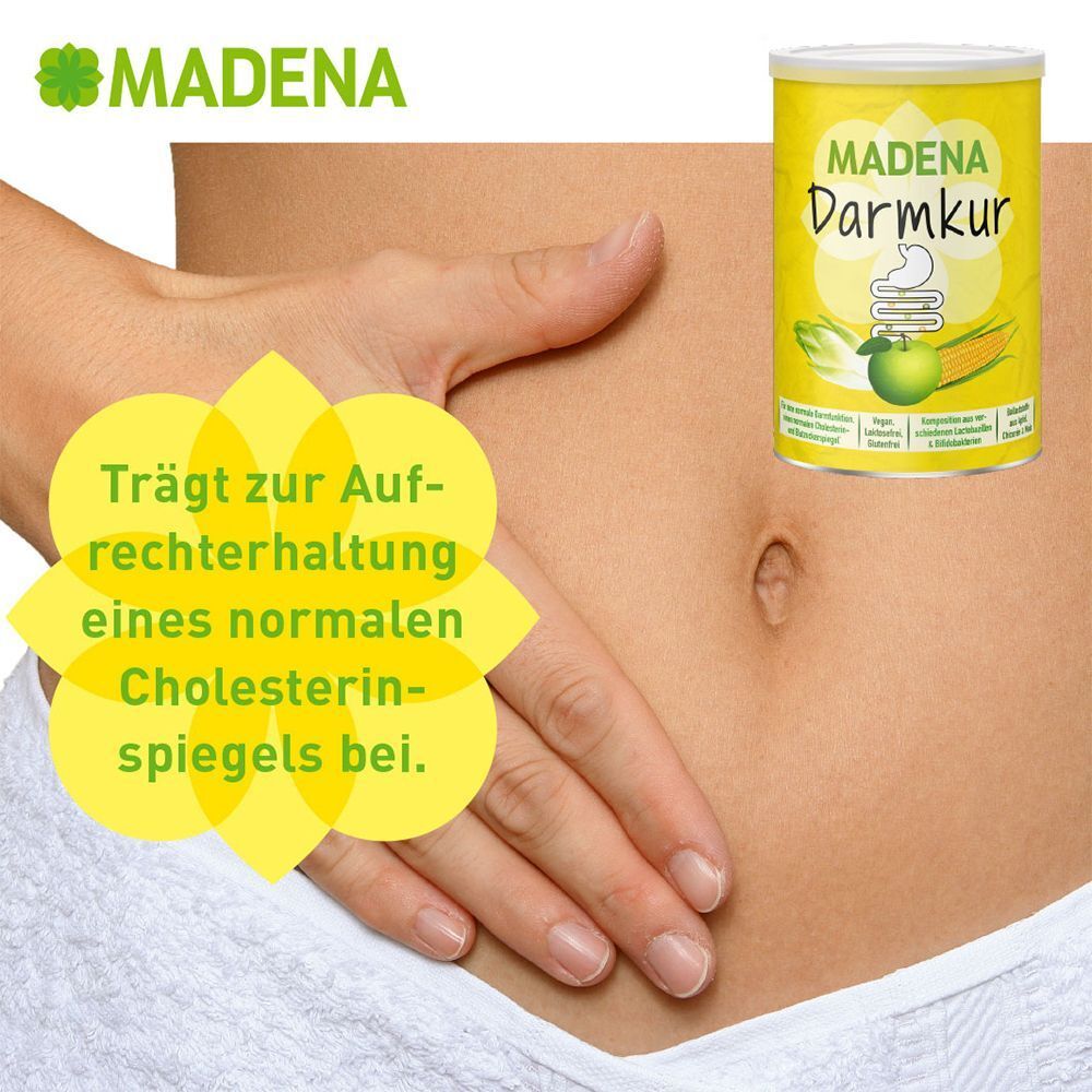Frau mit Dose MADENA Darmkur. Gelber Text: Trägt zur Aufrechterhaltung eines normalen Cholesterinspiegels bei.