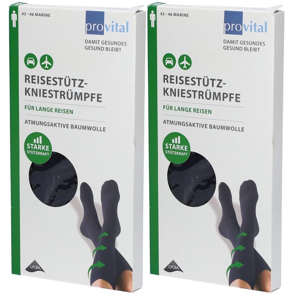 Zwei Packungen Kniestrümpfe. Marineblau, Größe 43-46. Marke: provital. Aufschrift: REISESTÜTZ-KNIESTRÜMPFE, für lange Reisen, atmungsaktive Baumwolle.