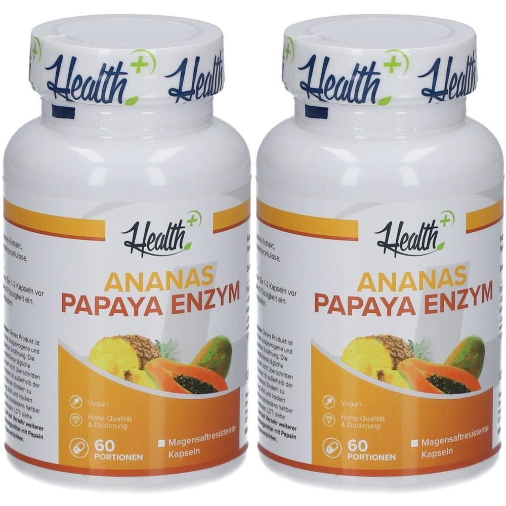 Zwei weiße Flaschen mit Aufschrift Health, Ananas Papaya Enzym. Auf jeder Flasche sind 60 Portionen angegeben.