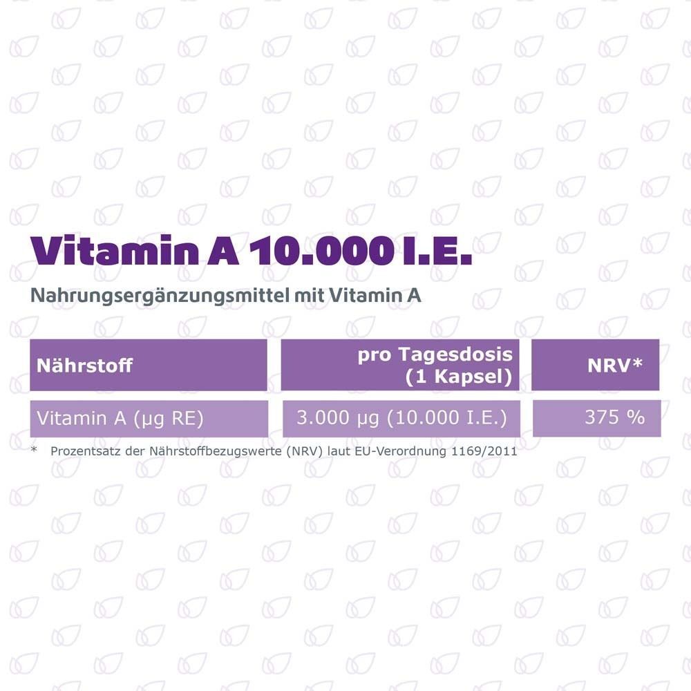 Tabelle: Vitamin A 10.000 I.E. Nährstoff: Vitamin A (µg RE). Pro Tagesdosis (1 Kapsel): 3.000 µg (10.000 I.E.). NRV: 375 %.