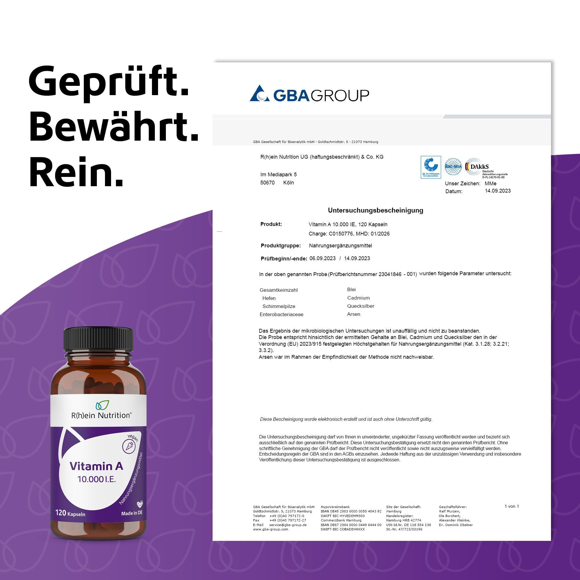 Zertifikat: Geprüft. Bewährt. Rein. GBA Group. Produkt: Vitamin A 10.000 I.E. Kapseln. Charge-Nr. etc.
