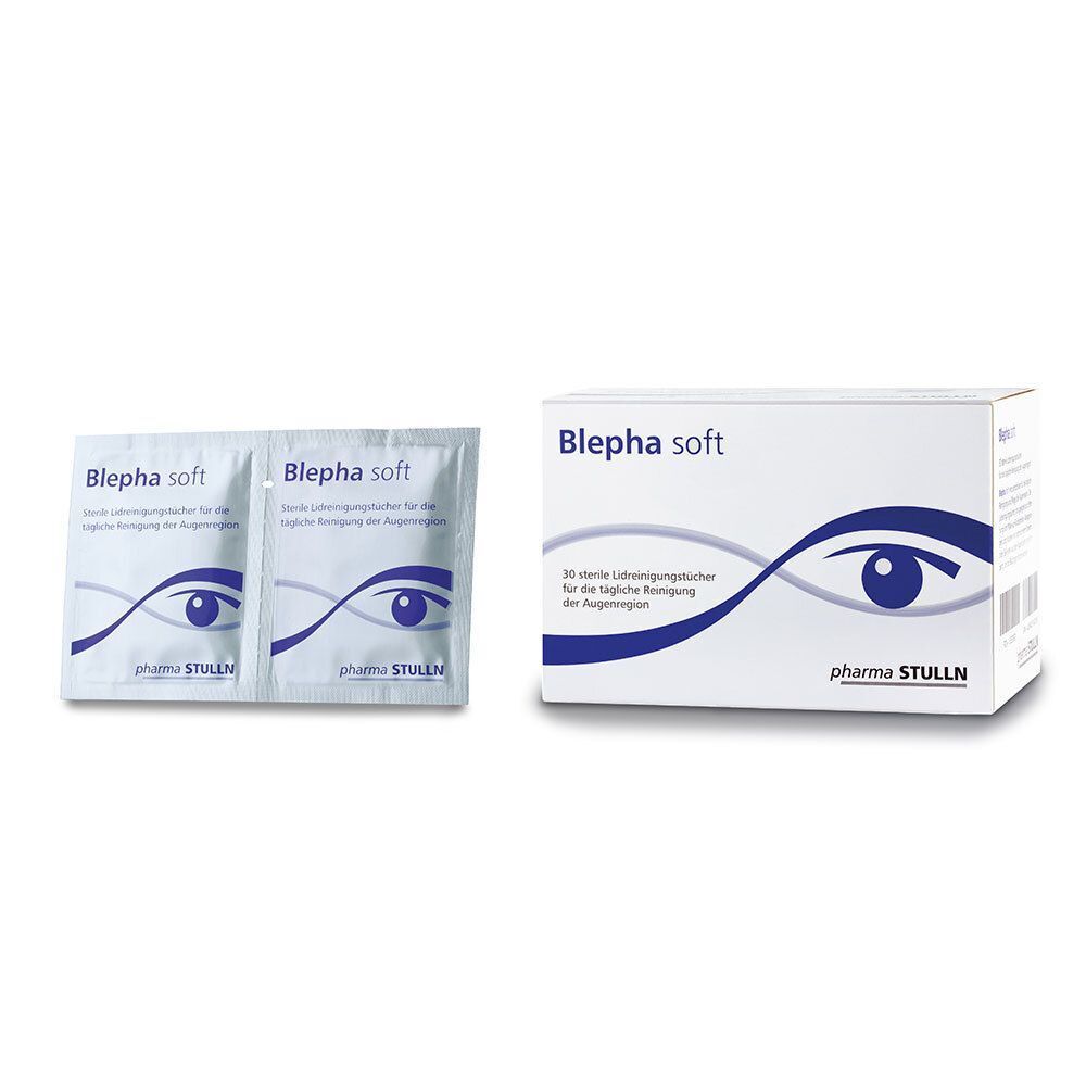 Packung "Blepha soft" mit zwei Einzelverpackungen. Einzelverpackungen mit blauem Augendesign. Text: "Sterile Lidreinigungstücher".