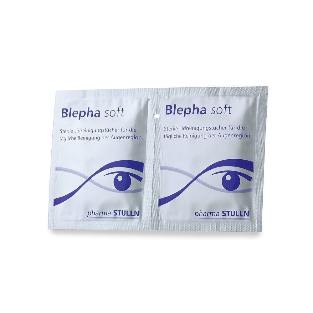 Zwei Einzelverpackungen "Blepha soft". Weiß mit blauem Augendesign. Text: "Sterile Lidreinigungstücher für die tägliche Reinigung". Marke: pharma STULLN.
