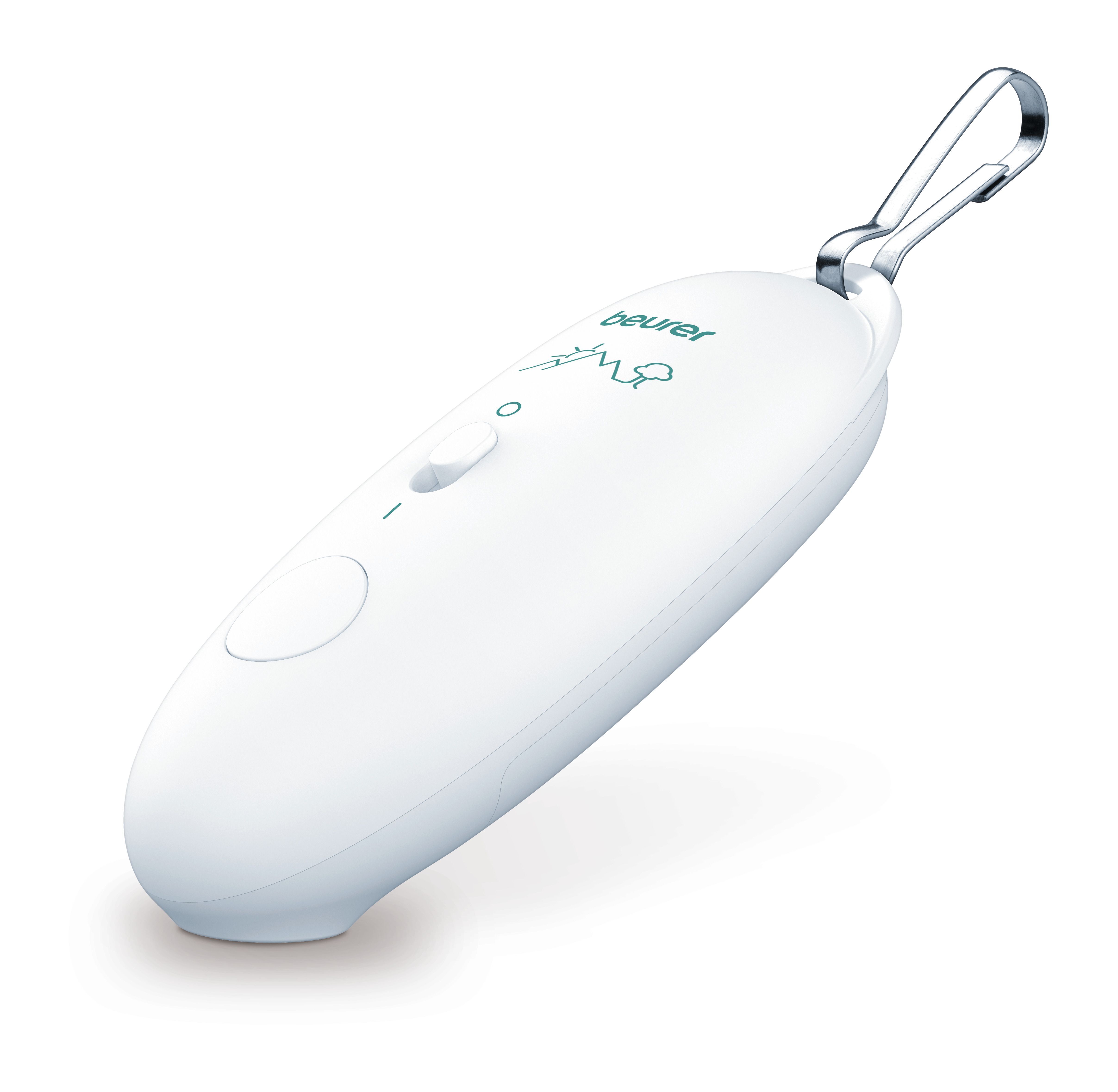 Weißer Insektenstichheiler mit Karabinerhaken. Ovale Form mit Knopf und Logo. Gelbe LED-Anzeige. Produktname und Logo deutlich sichtbar.