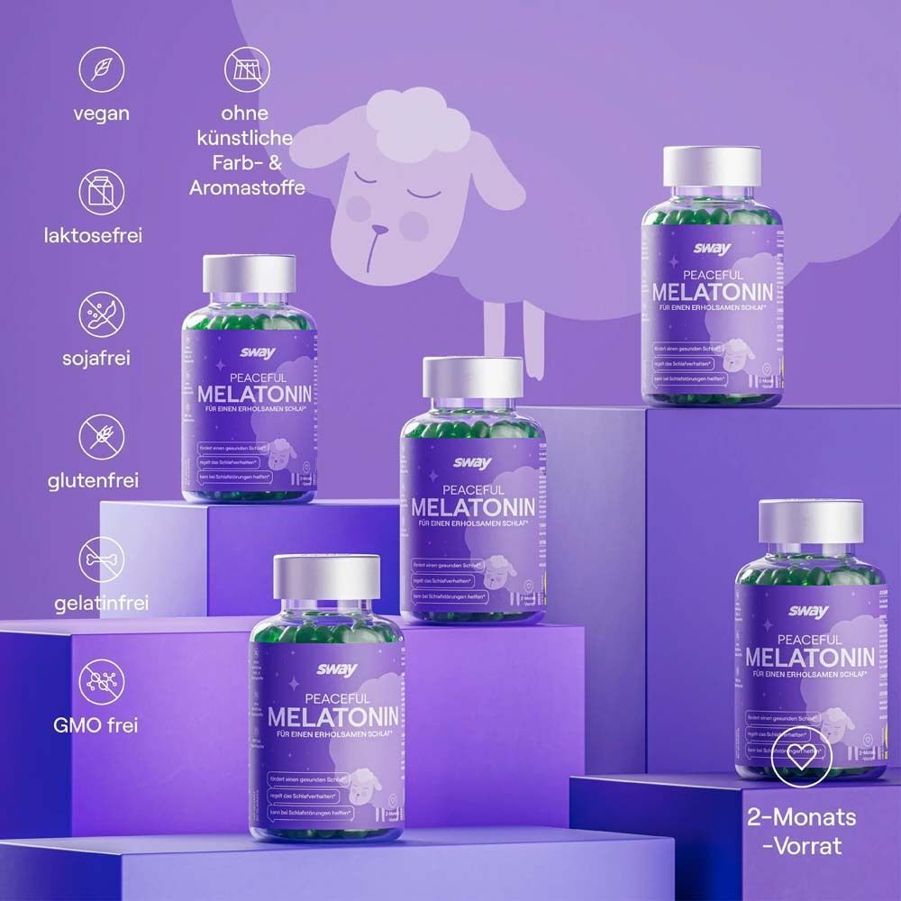 Fünf Flaschen "sway Peaceful Melatonin" Gummies. Auf dem Etikett: Vegan, laktosefrei, sojafrei, glutenfrei, gelatinefrei, GMO frei.