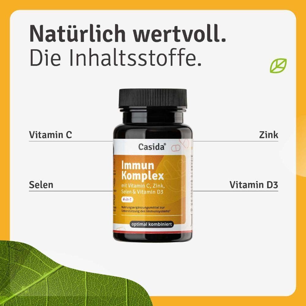 Eine Flasche Casida® Immun Komplex. Enthält Vitamin C, Zink, Selen & Vitamin D3. Produktinformationen auf dem Etikett.