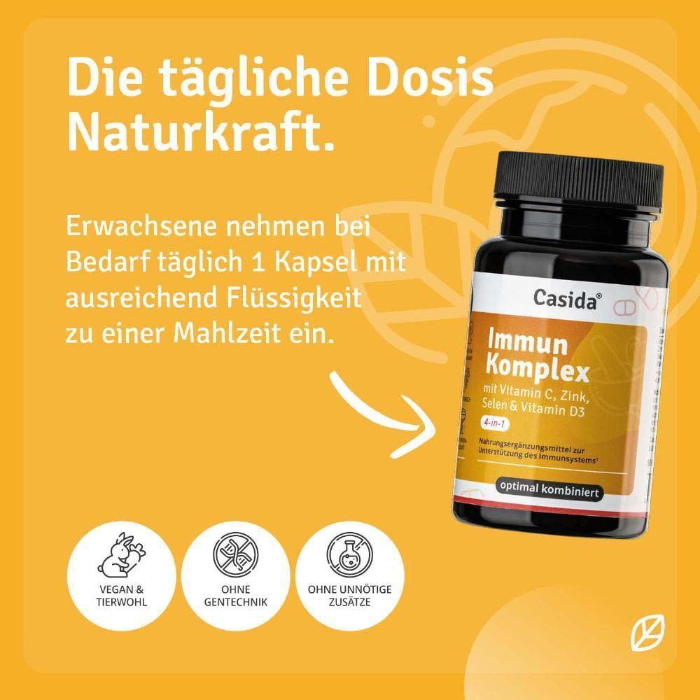 Flasche Casida® Immun Komplex. Vegan & tierwohl, ohne Gentechnik, ohne unnötige Zusätze. Produktinformationen.