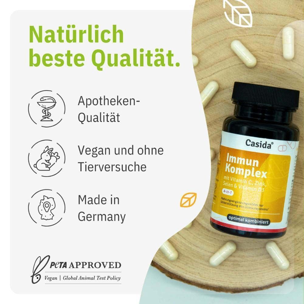 Flasche Casida® Immun Komplex und Kapseln. Apotheken-Qualität, vegan und ohne Tierversuche, hergestellt in Deutschland.