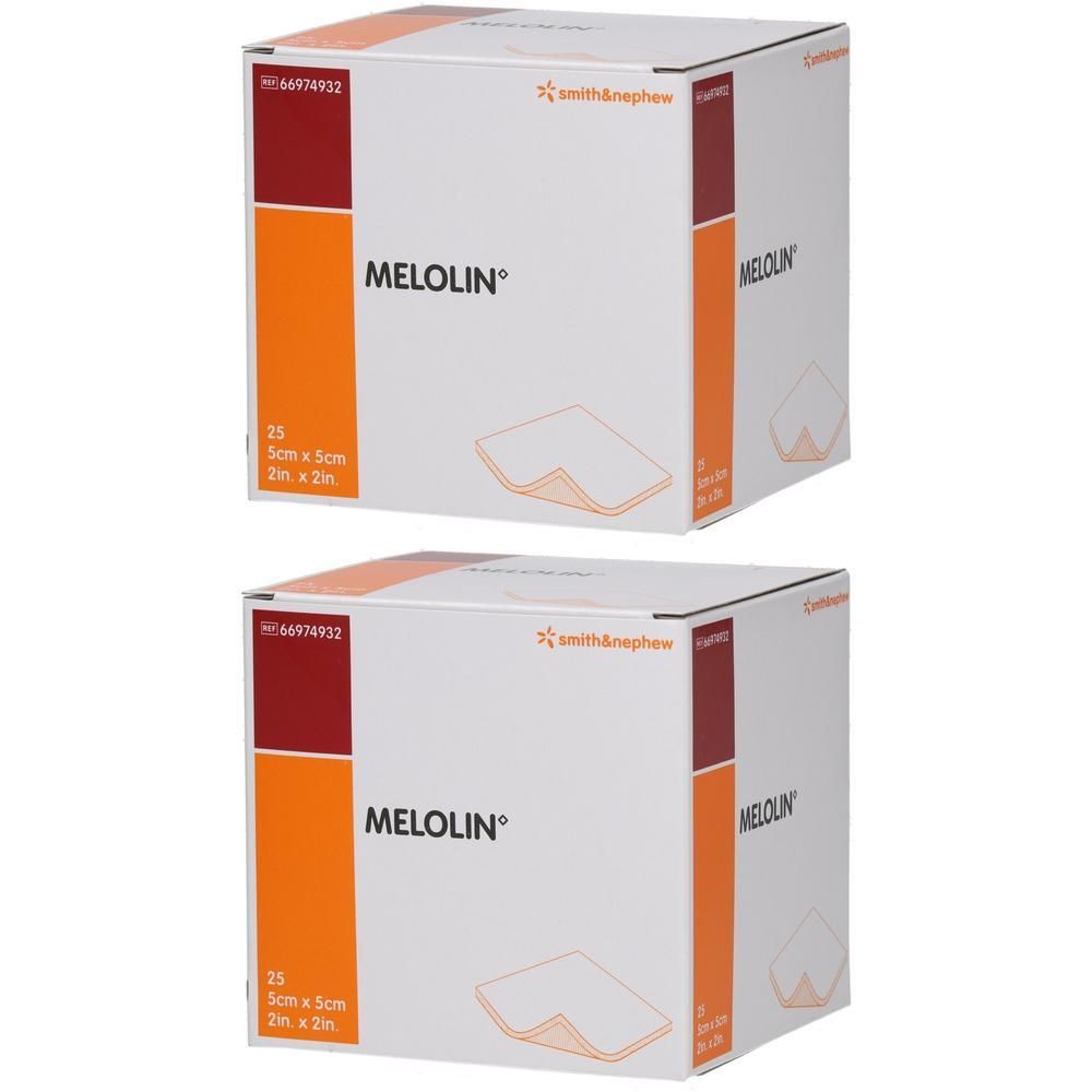 Zwei Kartons MELOLIN Wundauflagen. Aufdruck: 25 Stück, 5cm x 5cm. Smith & Nephew Logo. Orange und bordeauxfarbene Akzente.