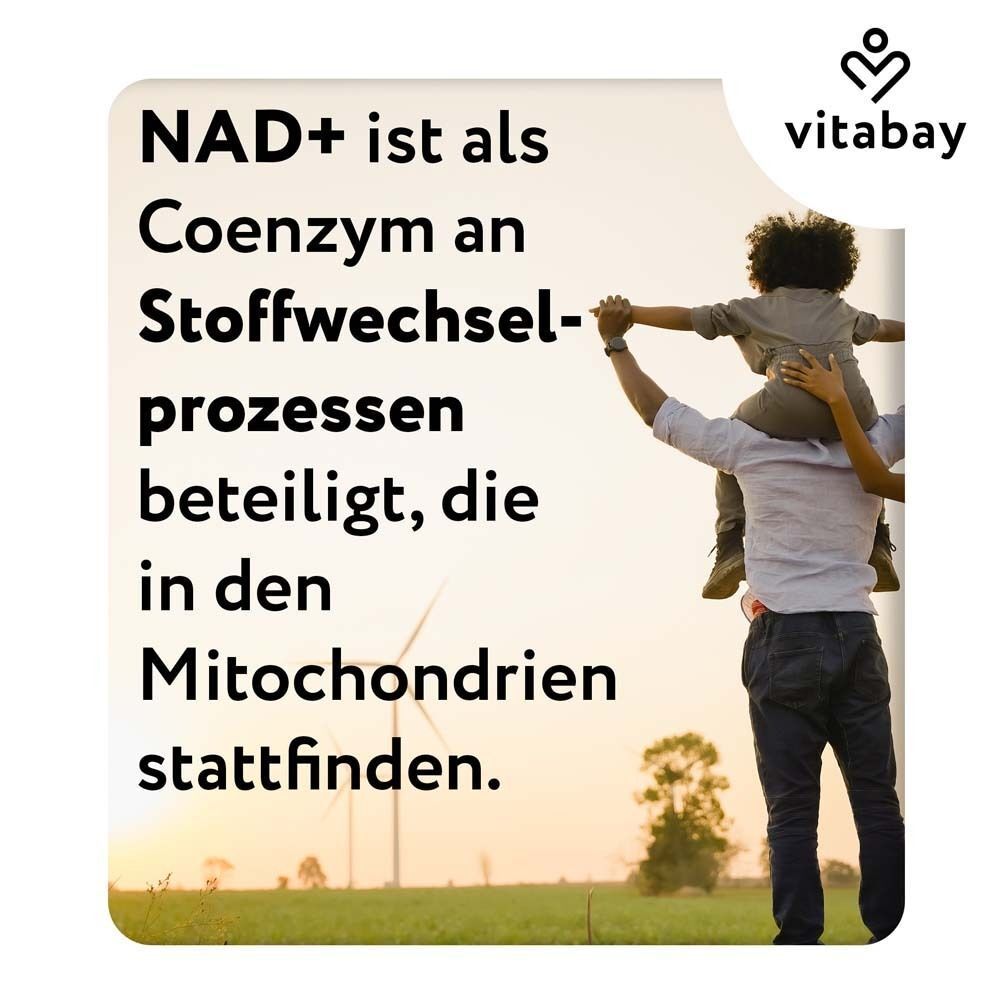 Text: NAD+ ist Coenzym an Stoffwechselprozessen beteiligt, die in den Mitochondrien stattfinden. Mann mit Kind.