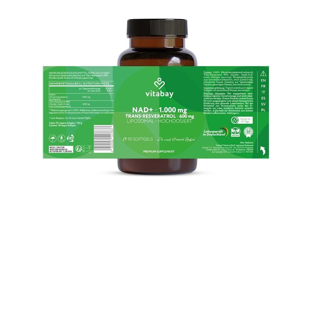 Braune Flasche mit grünem Etikett. Aufschrift: vitabay, NAD+ 1.000 mg, trans-Resveratrol 600 mg. 90 Softgels. Nährwertangaben.