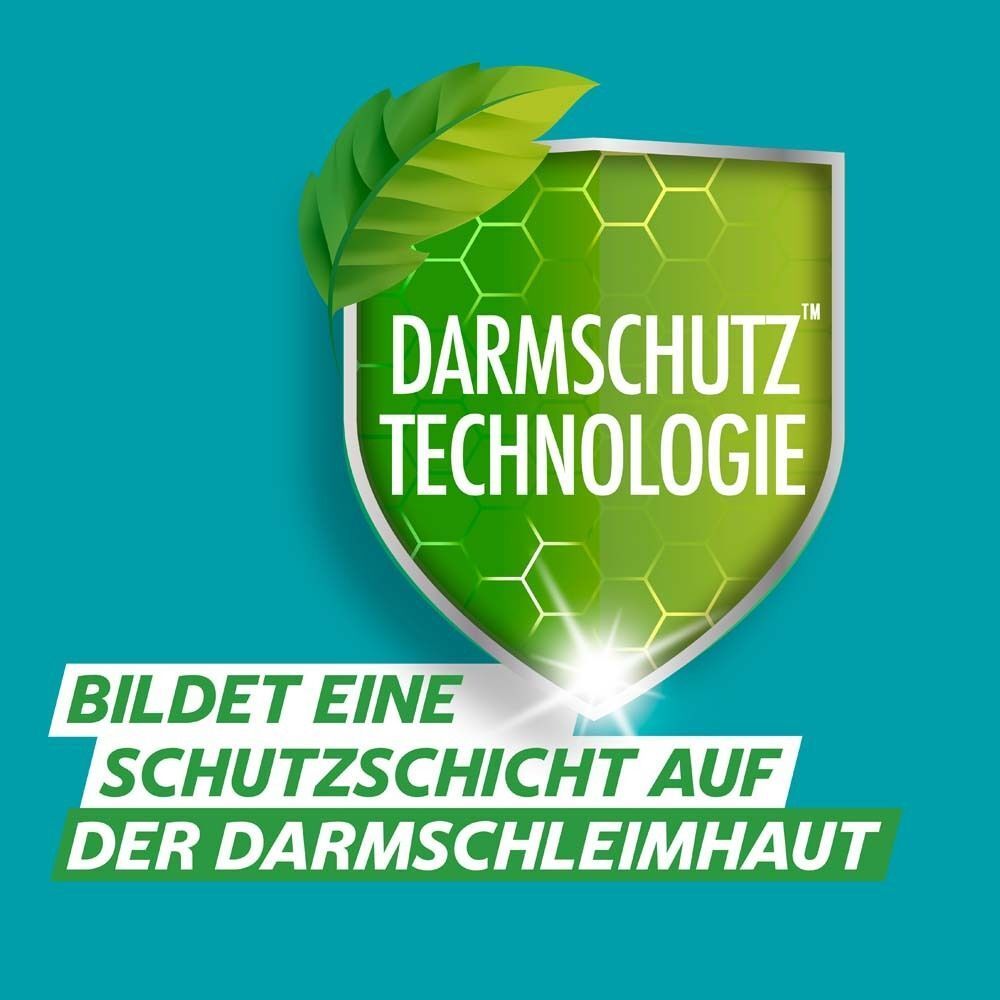 Grünes Schild mit DarmSchutz Technologie. Text: Bildet eine Schutzschicht auf der Darmschleimhaut.