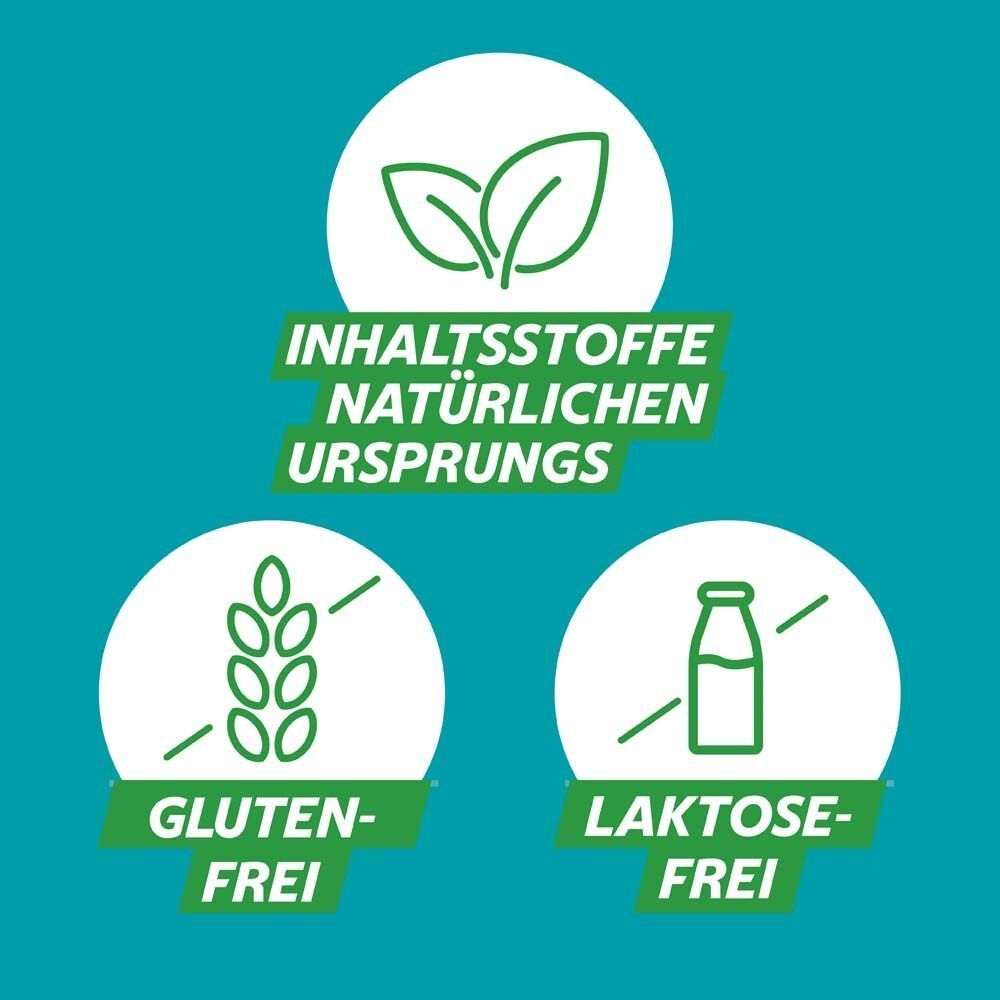 Grafik mit Symbolen: Gluten-frei, Laktose-frei. Text: Inhaltsstoffe natürlichen Ursprungs.