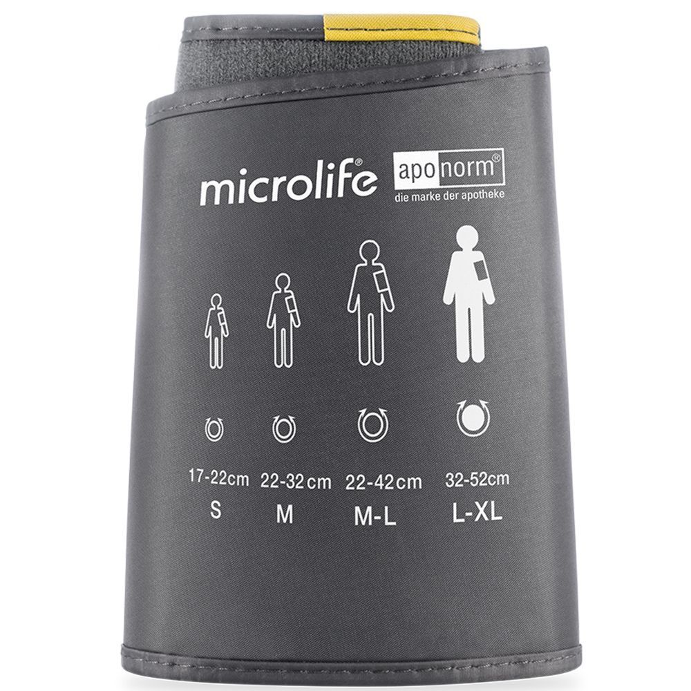 Graue Oberarmmanschette mit Größenangaben S, M, L-XL. Marke: micrlife, apo norm. Mit Piktogrammen und Größenangaben.