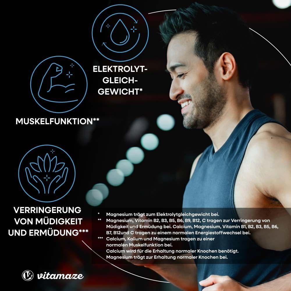 Mann trainiert. Text: Elektrolyt-Gleichgewicht, Muskelfunktion, Verringerung von Müdigkeit und Ermüdung. Vitamaze Logo.